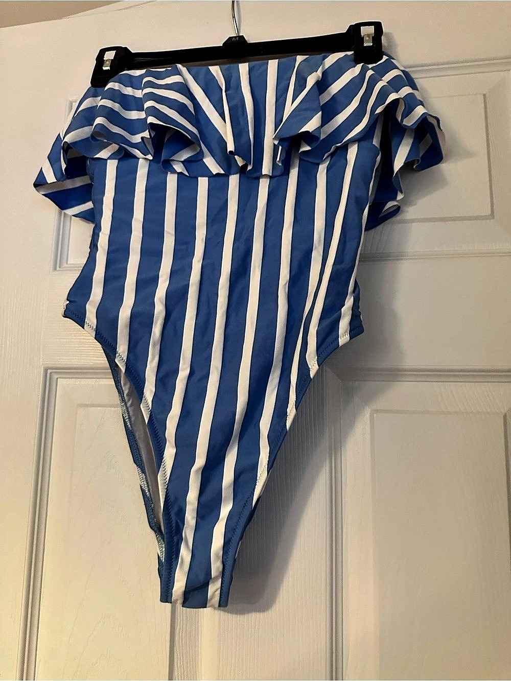 Milly Cabana Striped Ruffle One-Piece in Blue & White Size Small Strapless High